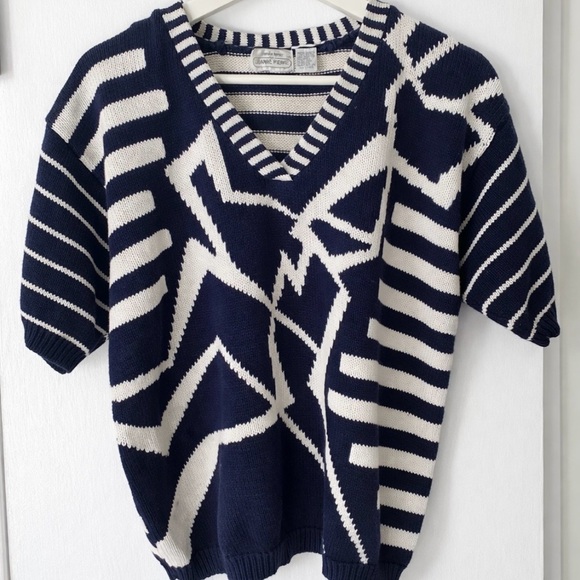 JEANNE PIERRE Sweaters - Vintage Jeanne Pierre Navy & White Graphic Knit Top S | Short Sleeve V-Neck